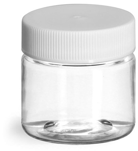 1 oz Clear PET Jars w/ White Ribbed Plastic Unlined Caps