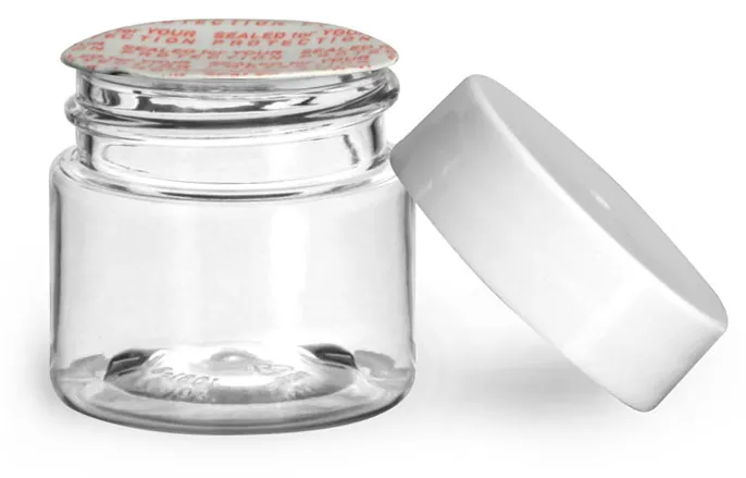 1/2 oz Plastic Jars, Clear PET Straight Sided Jars w/ White Smooth Induction Lined Caps