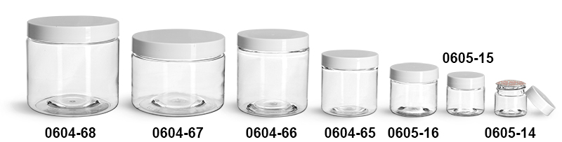 Plastic Jars, Clear PET Straight Sided Jars w/ White Smooth Induction Lined Caps