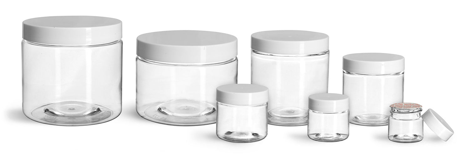 PET Plastic Jars, Clear Straight Sided Jars w/ White Smooth Induction Lined Caps