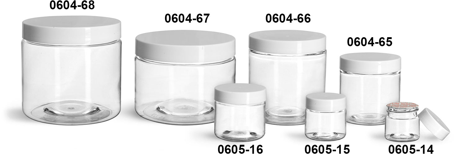 Plastic Jars, Clear PET Straight Sided Jars w/ White Smooth Induction Lined Caps