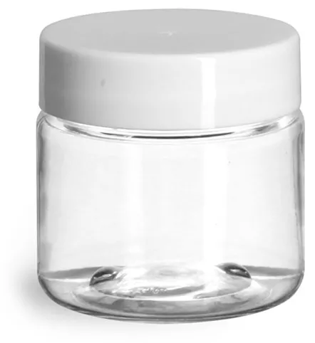 1 oz Plastic Jars, Clear PET Straight Sided Jars w/ White Smooth Induction Lined Caps