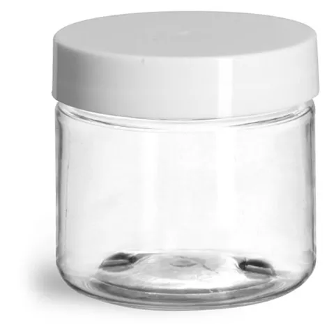 2 oz Plastic Jars, Clear PET Straight Sided Jars w/ White Smooth Induction Lined Caps