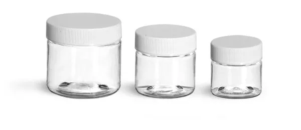 PET Plastic Jars, Clear Straight Sided Jars w/ White Ribbed Lined Caps