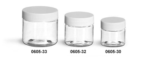 Plastic Jars, Clear PET Straight Sided Jars w/ White Ribbed Lined Caps