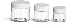 PET Plastic Jars, Clear Straight Sided Jars w/ White Ribbed Lined Caps