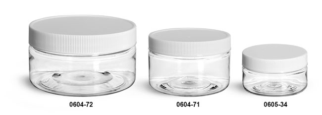 Plastic Jars, Clear PET Heavy Wall Jars w/ White Ribbed Lined Caps