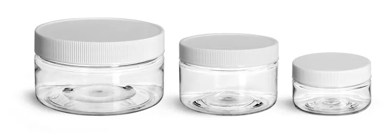 PET Plastic Jars, Clear Heavy Wall Jars w/ White Ribbed Lined Caps