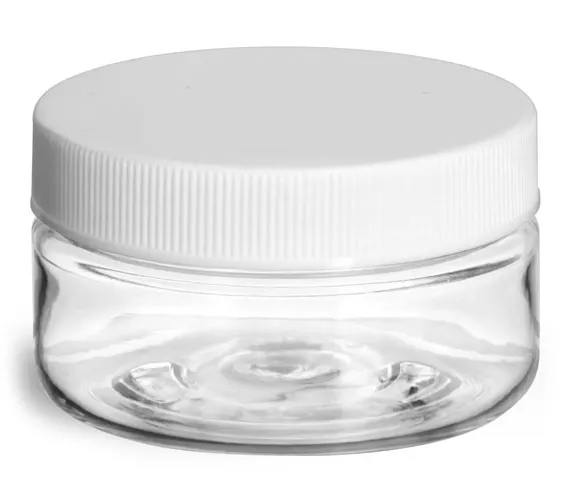 2 oz Plastic Jars, Clear PET Heavy Wall Jars w/ White Ribbed Lined Caps
