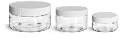PET Plastic Jars, Clear Heavy Wall Jars w/ White Ribbed Lined Caps