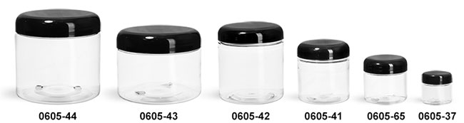 Plastic Jars, Clear PET Straight Sided Jars w/ Black Smooth Lined Plastic Dome Caps