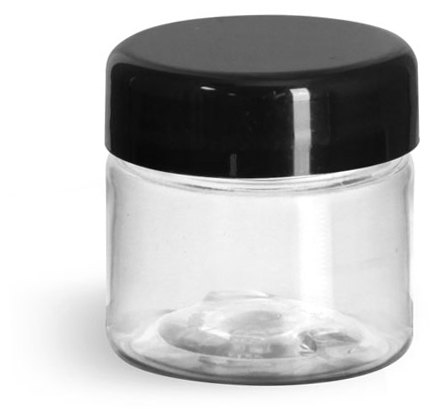 1/2 oz Clear PET Straight Sided Jars w/ Black Smooth Lined Plastic Dome Caps