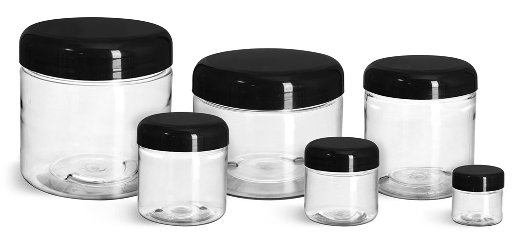 4 oz Clear PET Straight Sided Jars w/ Black Smooth Lined Plastic Dome Caps