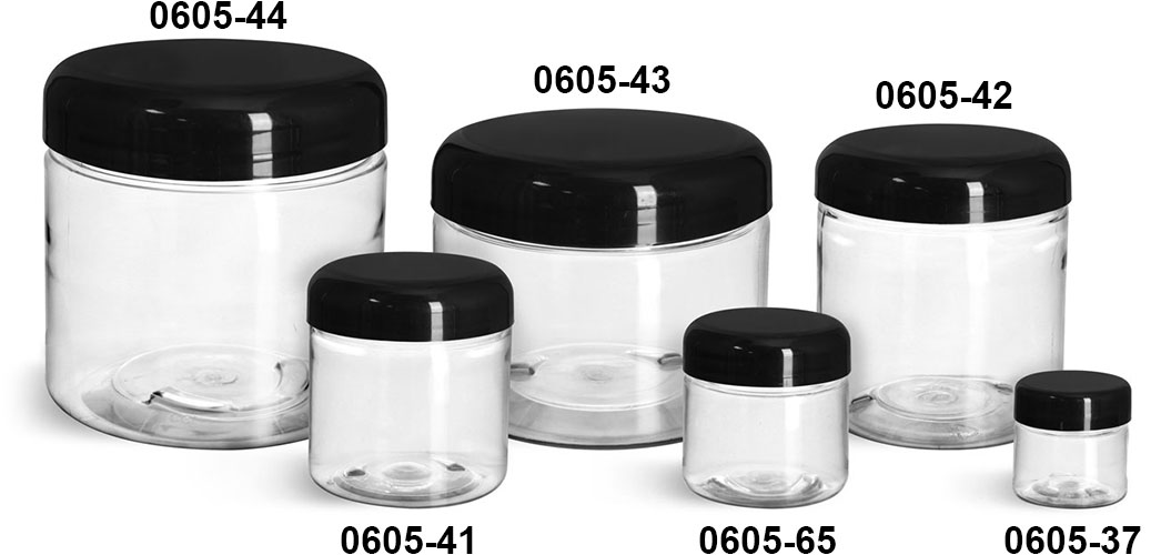 Plastic Jars, Clear PET Straight Sided Jars w/ Black Smooth Lined Plastic Dome Caps