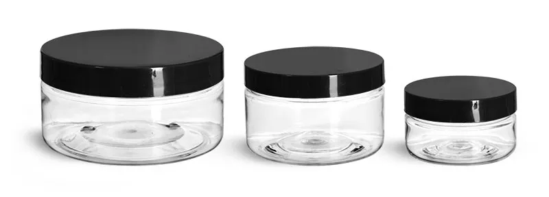 PET Plastic Jars, Clear Heavy Wall Jars w/ Black Smooth Plastic Lined Caps