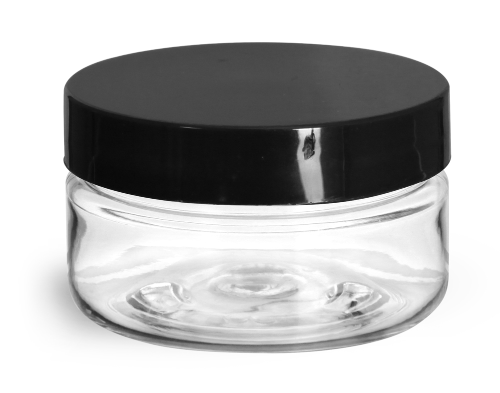 2 oz Clear PET Heavy Wall Jars w/ Black Smooth Plastic Lined Caps