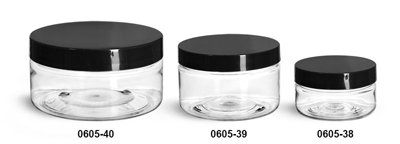 Plastic Jars, Clear PET Heavy Wall Jars w/ Black Smooth Plastic Lined Caps