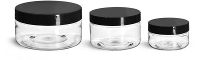 PET Plastic Jars, Clear Heavy Wall Jars w/ Black Smooth Plastic Lined Caps