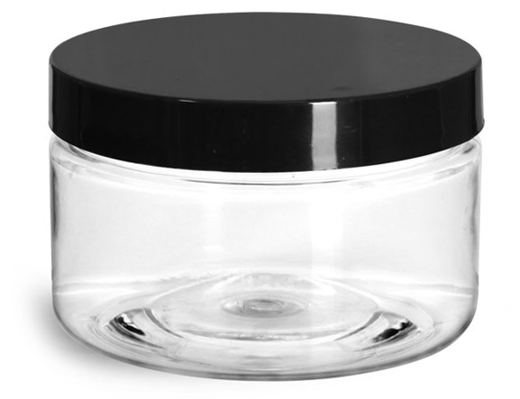 4 oz Clear PET Heavy Wall Jars w/ Black Smooth Plastic Lined Caps