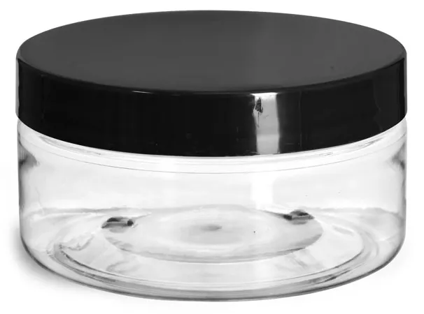 8 oz Clear PET Heavy Wall Jars w/ Black Smooth Plastic Lined Caps