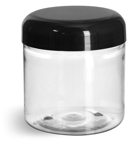 4 OZ CLEAR PET STRAIGHT SIDED JARS W/ BLACK SMOOTH LINED PLASTIC DOME CAPS