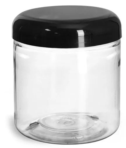 8 oz Clear PET Straight Sided Jars w/ Black Smooth Lined Plastic Dome Caps