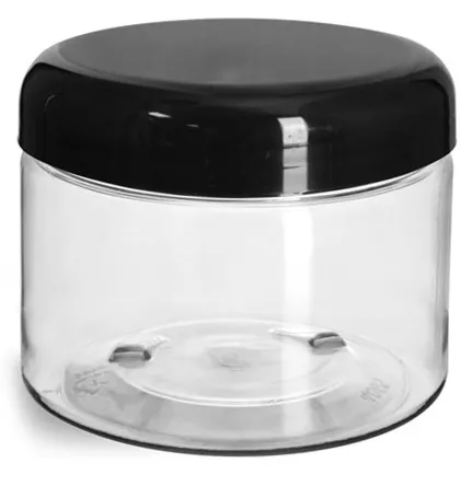 12 oz Clear PET Straight Sided Jars w/ Black Smooth Lined Plastic Dome Caps