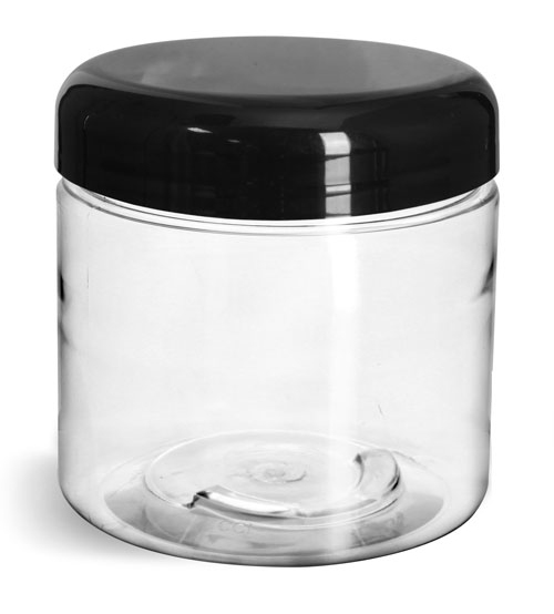 SKS Bottle & Packaging 1/2 oz Plastic Jars, Clear PET Straight Sided Jars w/ Black Smooth