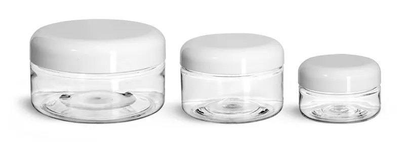 PET Plastic Jars, Clear Heavy Wall Jars w/ Lined White Plastic Dome Caps