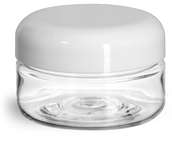 2 oz Plastic Jars, Clear PET Heavy Wall Jars w/ Lined White Plastic Dome Caps