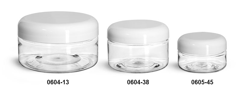 Plastic Jars, Clear PET Heavy Wall Jars w/ Lined White Plastic Dome Caps