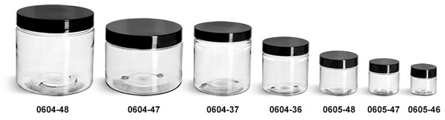 Plastic Jars, Clear PET Straight Sided Jars w/ Black Smooth Plastic Lined Caps