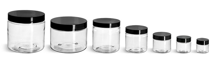 PET Plastic Jars, Clear Straight Sided Jars w/ Black Smooth Plastic Lined Caps