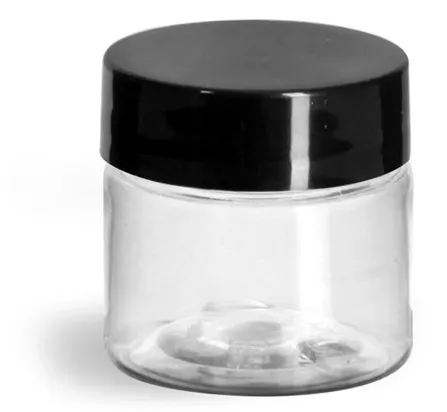 1/2 oz Clear PET Straight Sided Jars w/ Black Smooth Plastic Lined Caps
