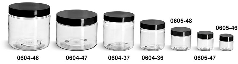 Plastic Jars, Clear PET Straight Sided Jars w/ Black Smooth Plastic Lined Caps