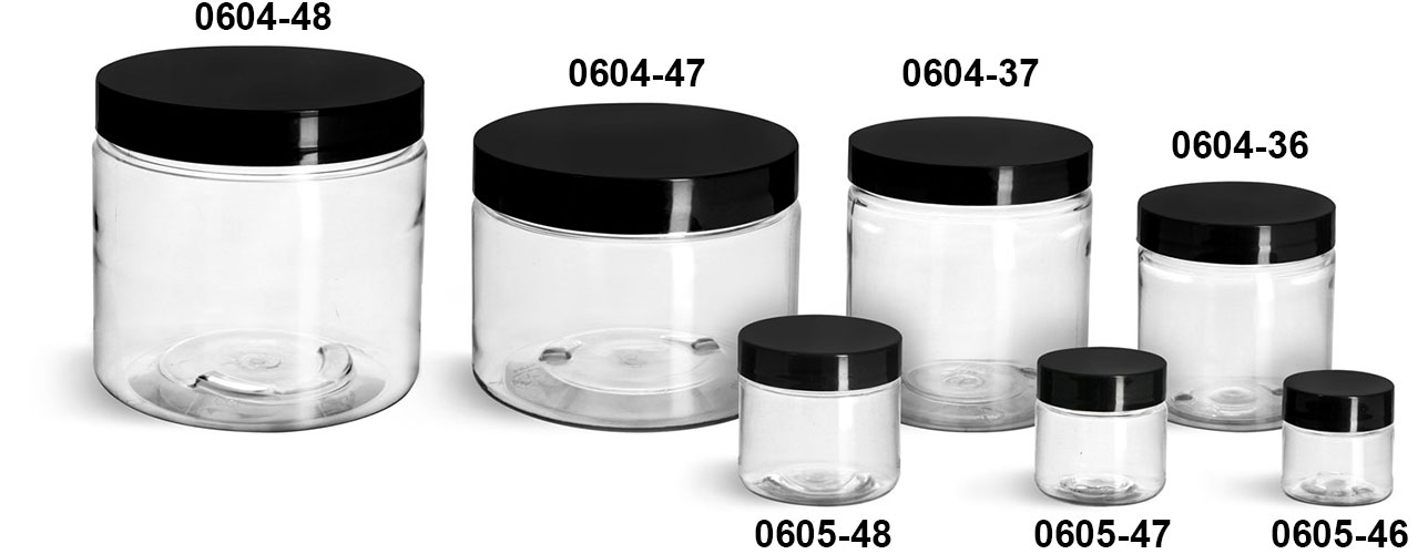 Plastic Jars, Clear PET Straight Sided Jars w/ Black Smooth Plastic Lined Caps