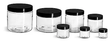 PET Plastic Jars, Clear Straight Sided Jars w/ Black Smooth Plastic Lined Caps
