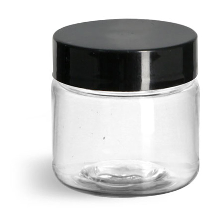 1 oz Clear PET Straight Sided Jars w/ Black Smooth Plastic Lined Caps