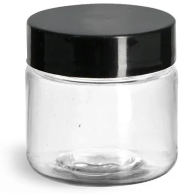1 oz Clear PET Straight Sided Jars w/ Black Smooth Plastic Lined Caps
