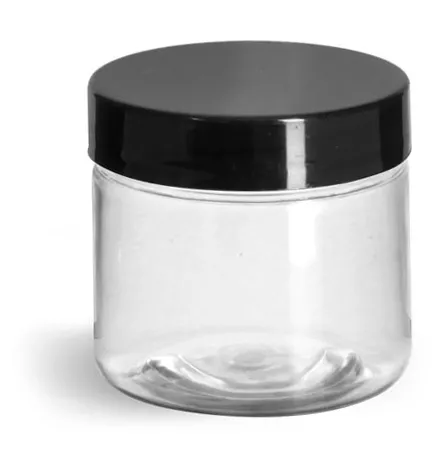 2 oz Clear PET Straight Sided Jars w/ Black Smooth Plastic Lined Caps