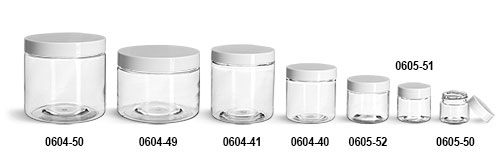 Plastic Jars, Clear PET Straight Sided Jars w/ White Smooth Plastic Lined Caps