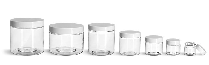 PET Plastic Jars, Clear Straight Sided Jars w/ White Smooth Plastic Lined Caps