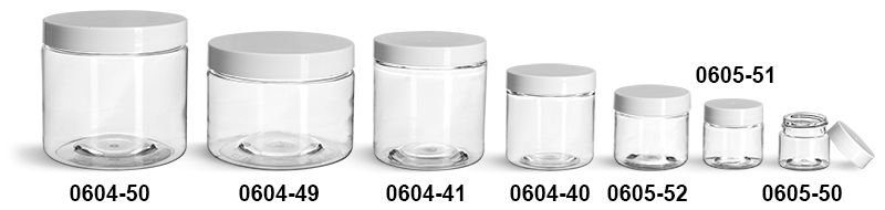 Plastic Jars, Clear PET Straight Sided Jars w/ White Smooth Plastic Lined Caps