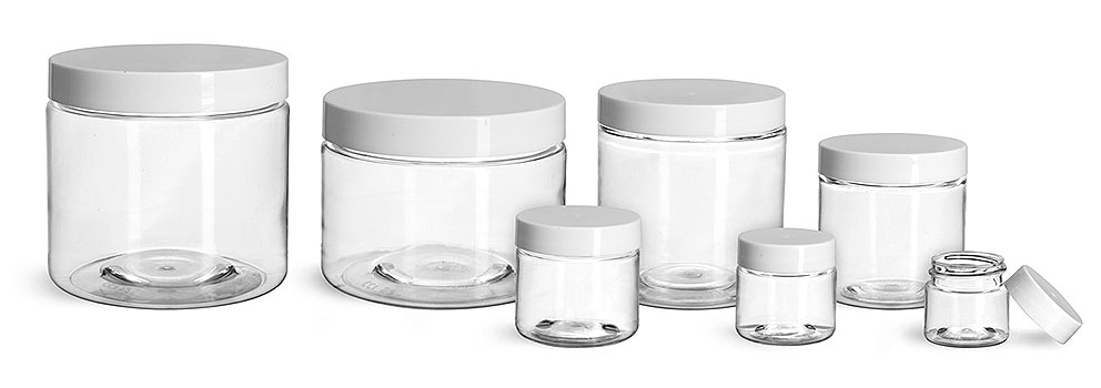 Plastic Jars, Clear PET Straight Sided Jars w/ White Smooth Plastic Lined Caps