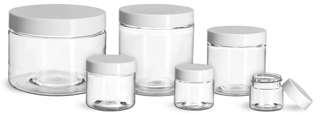 PET Plastic Jars, Clear Straight Sided Jars w/ White Smooth Plastic Lined Caps