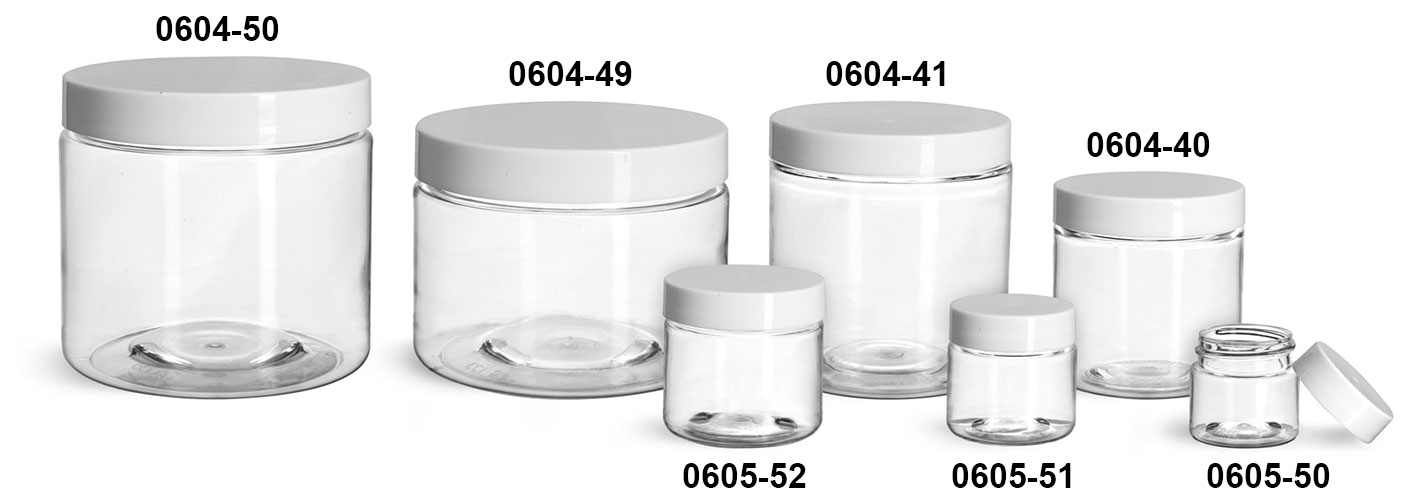 Plastic Jars, Clear PET Straight Sided Jars w/ White Smooth Plastic Lined Caps