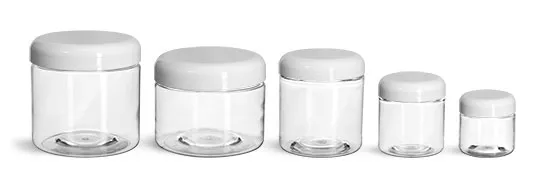 PET Plastic Jars, Clear Straight Sided Jars w/ White PE Lined Dome Caps