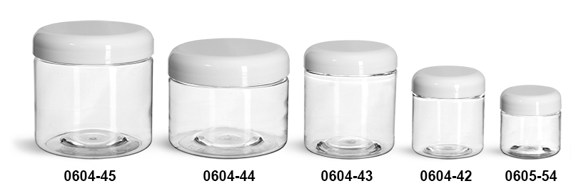 Plastic Jars, Clear PET Straight Sided Jars w/ White Lined Dome Caps