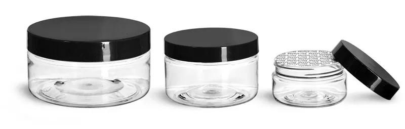 PET Plastic Jars, Clear Heavy Wall Jars w/ Black Smooth Lined Caps
