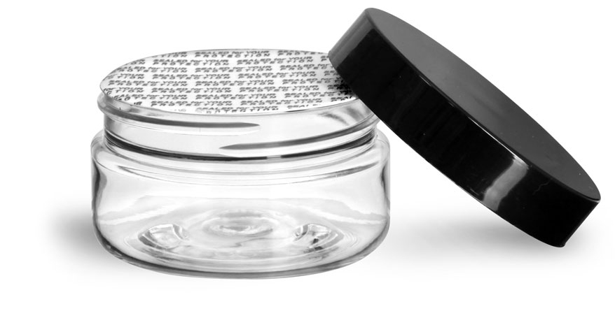 2 oz Clear PET Heavy Wall Jars w/ Black Smooth Lined Caps